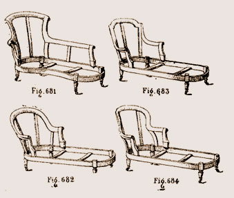 Chaises longues lambrequin, crapaud, Marie Antoinette et Pompadour